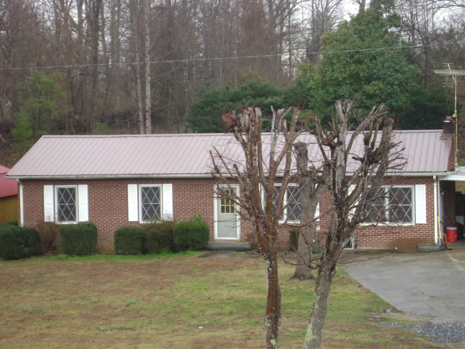 Mauve metal roof on a brick ranch home behind bare trees in Kimberly